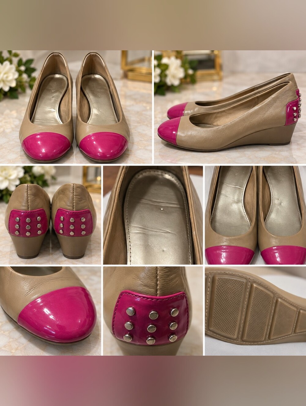 Alfani Tan & Hot Pink Patent Cap-Toe Flats with Studded Heels